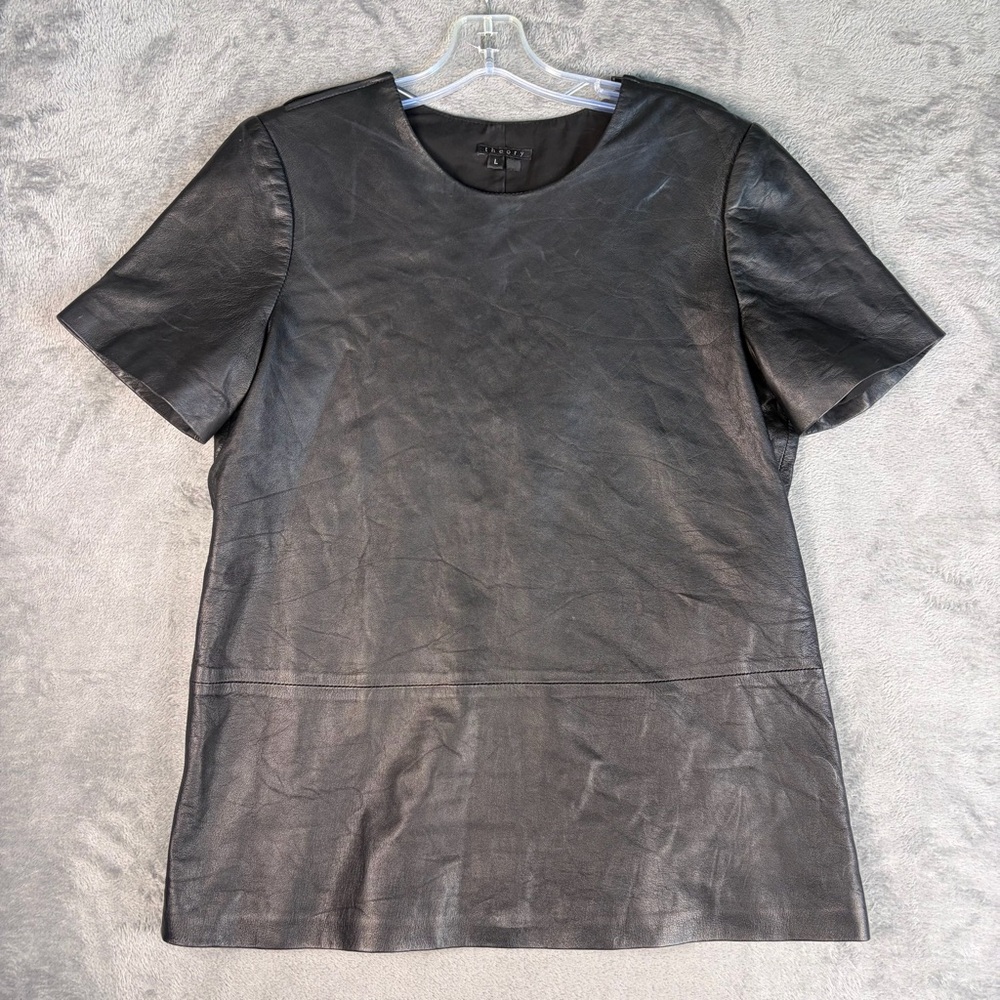 Theory Lamb Leather Shirt Women's L Black Short Sleeve Designer Minimalist Top